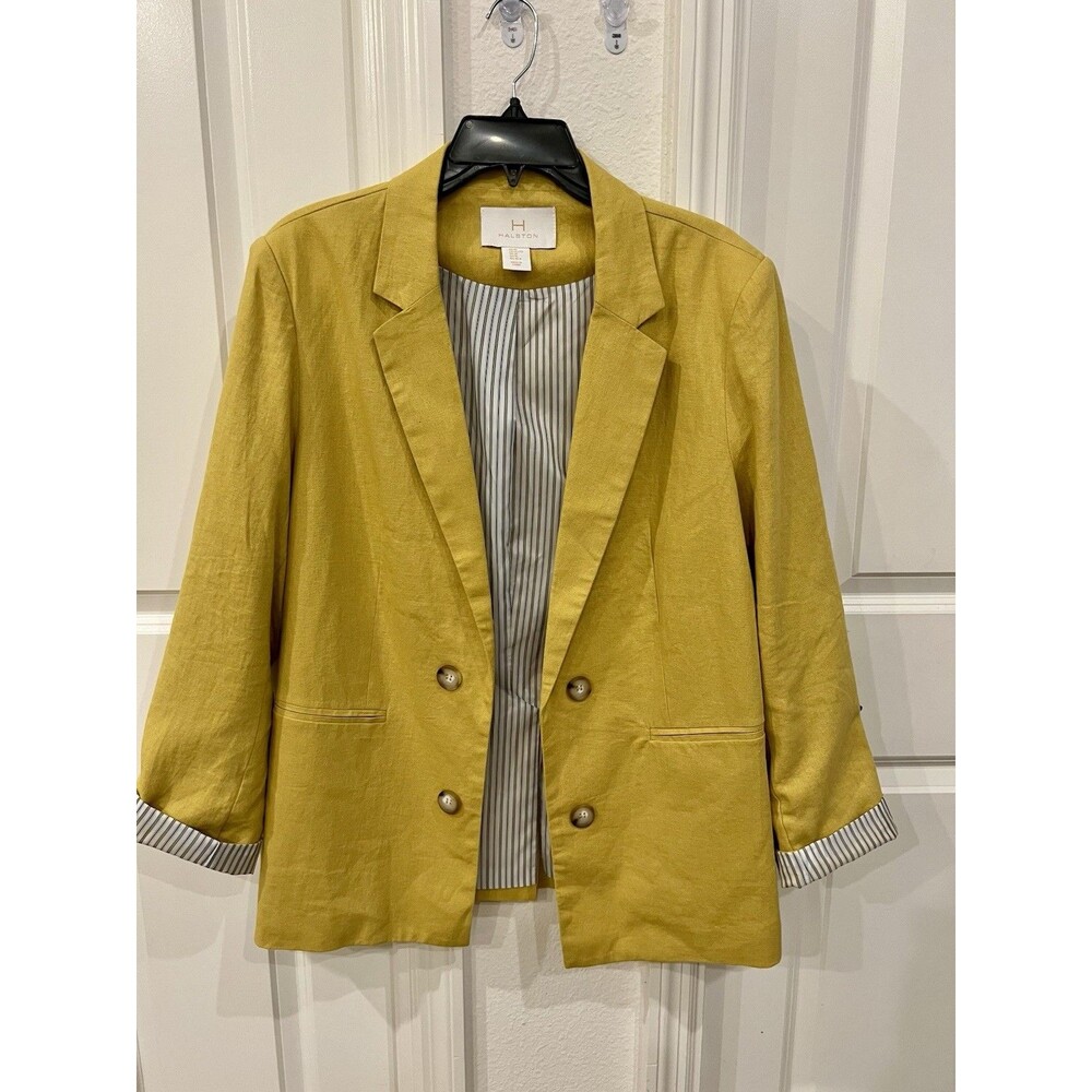 Halston H Heritage Open Front Linen Blend Blazer Womens Size XL Yellow Classic